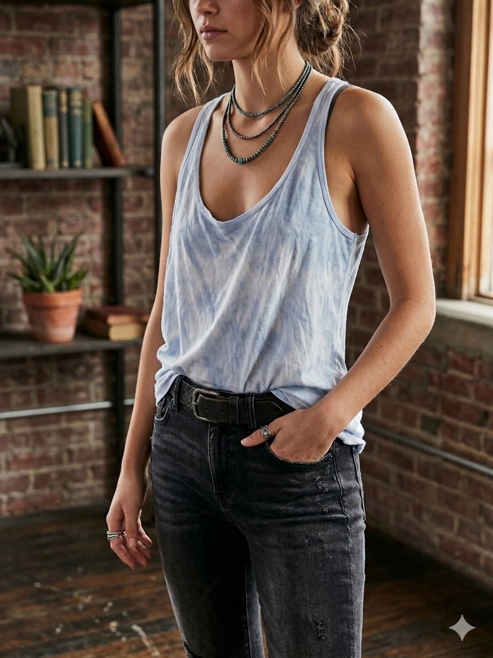 American Eagle Outfitters Light Blue Tie-Dye Scoop Neck Tank